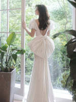Simple Puff Sleeves Satin Mermaid White Long Prom Dress, White Long Evening Dress