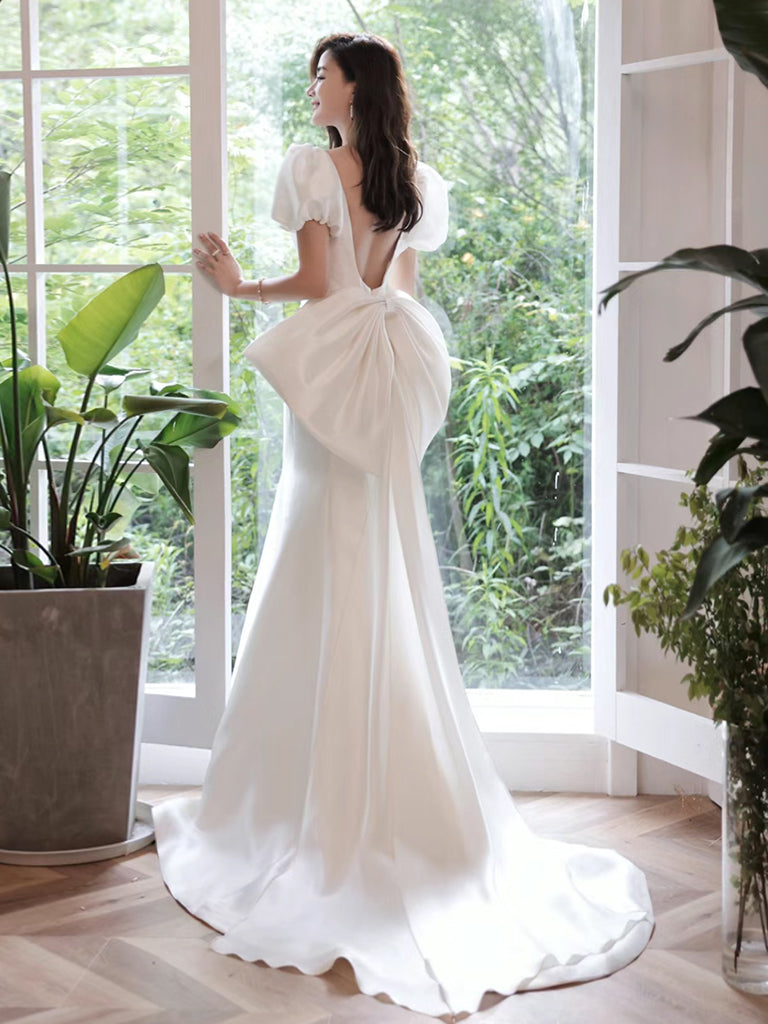 Simple Puff Sleeves Satin Mermaid White Long Prom Dress, White Long Evening Dress