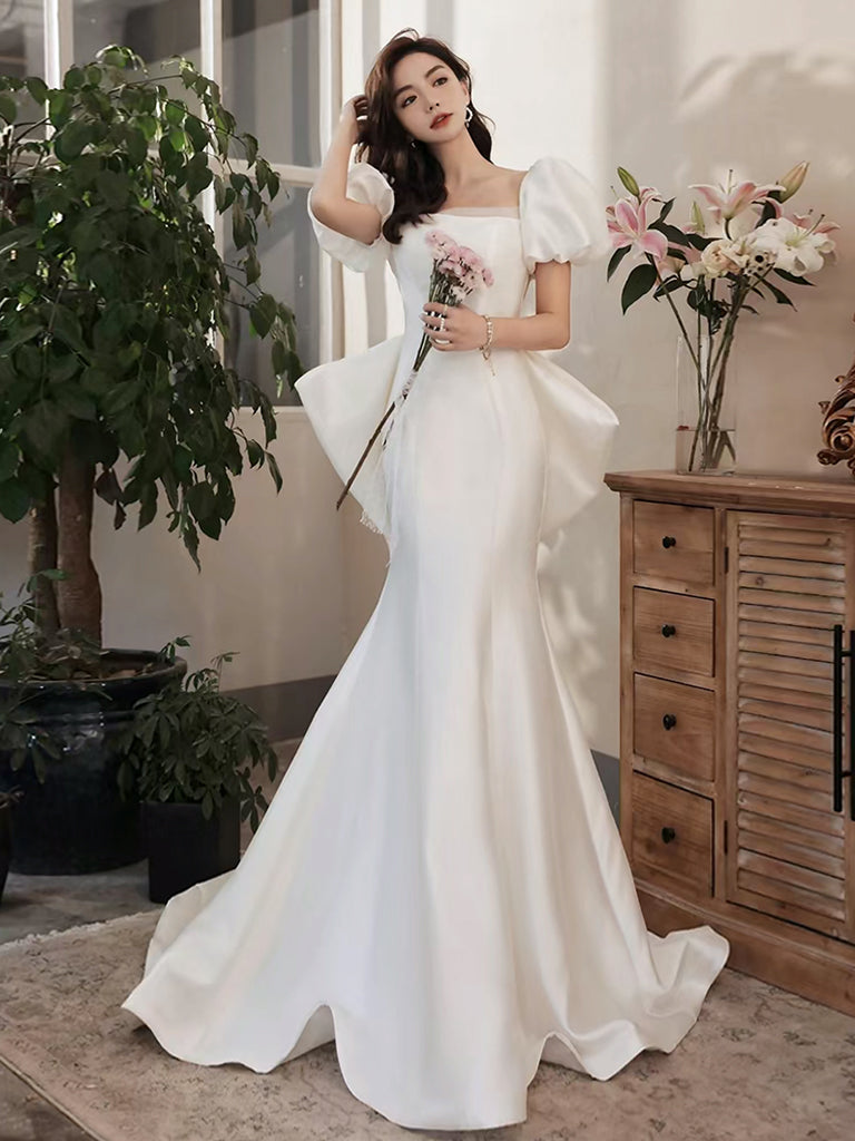 Simple Puff Sleeves Satin Mermaid White Long Prom Dress, White Long Ev – shopluu