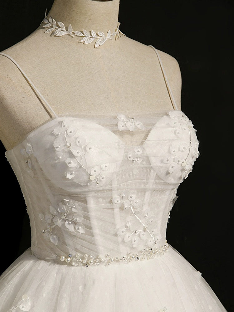 White Sweetheart Neck Tulle Lace Short Prom Dress, White Homecoming Dress