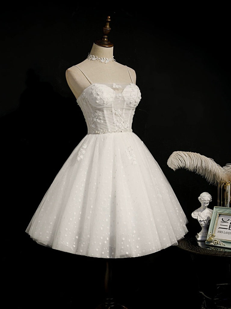 sweetheart neck white dress White Tulle Lace Short Prom Dress with Corset, A-Line Sweetheart Neck Party Dress US 2 / White