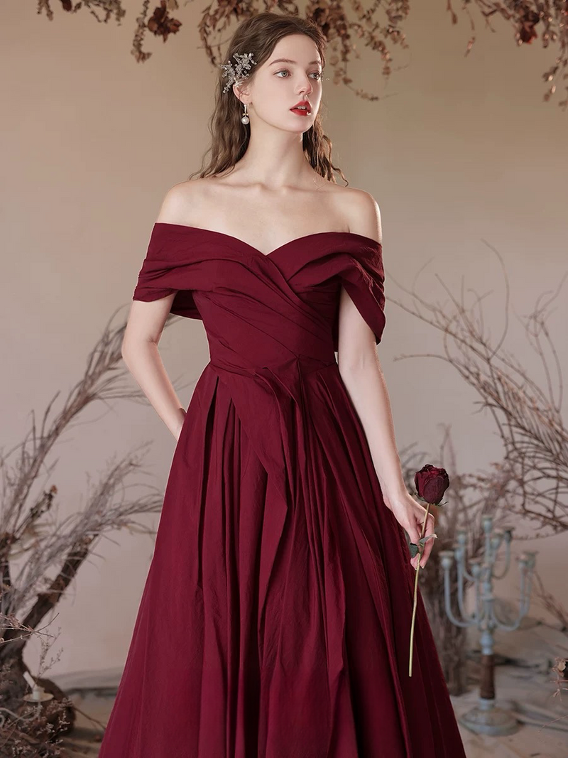 A-Line Off Shoulder Satin Burgundy Long Prom Dress, Burgundy Long Formal Dress