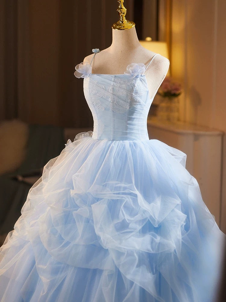 A-Line Tulle Lace Blue Long Prom Dress, Blue Long Formal Dress