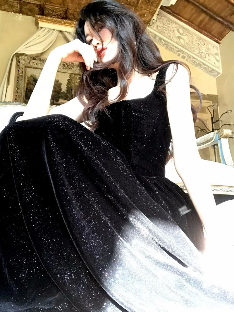 A-Line Velvet Black Long Prom Dress, Black Long Formal Dress