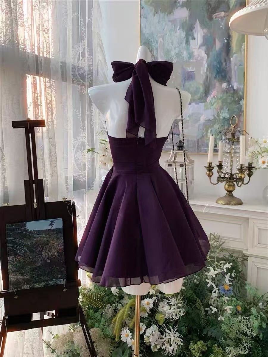 dark purple short dress Simple A-line Chiffon Prom Dress, Purple Homecoming – shopluu Color_Violet Semi-Formal Wedding Guest Dresses Tumble Dry Low Color:Matcha