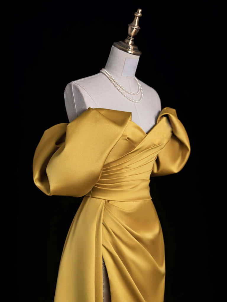 Yellow Satin Long Prom Dress, Off The Shoulder A-Line Evening Party Dress US 16 / Custom Color Yellow Satin Long Prom Dress, Off The Shoulder A-Line Evening Party Dress US 16 / Custom Color