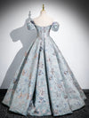 A-Line Puff Sleeves Satin Gray Blue Long Prom Dress, Gray Blue Long Evening Dress