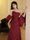 A-Line Off-the-shoulder Taffeta Burgundy Long Prom Dress with Puff Sleeves
