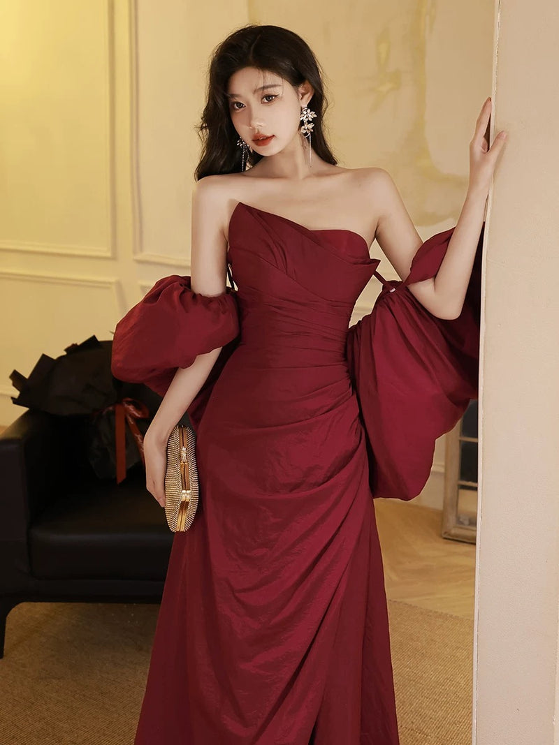 A-Line Off-the-shoulder Taffeta Burgundy Long Prom Dress with Puff Sleeves
