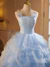 A-Line Tulle Lace Blue Long Prom Dress, Blue Long Formal Dress