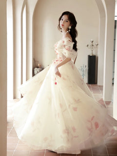 A-Line Off Shoulder Tulle Champagne Long Prom Dress, Champagne Long Formal Dress