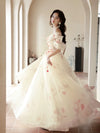 A-Line Off Shoulder Tulle Champagne Long Prom Dress, Champagne Long Formal Dress