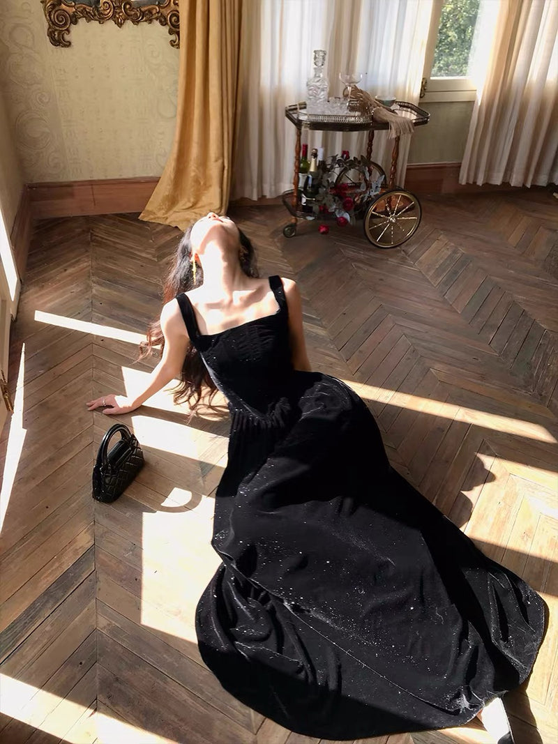 A-Line Velvet Black Long Prom Dress, Black Long Formal Dress