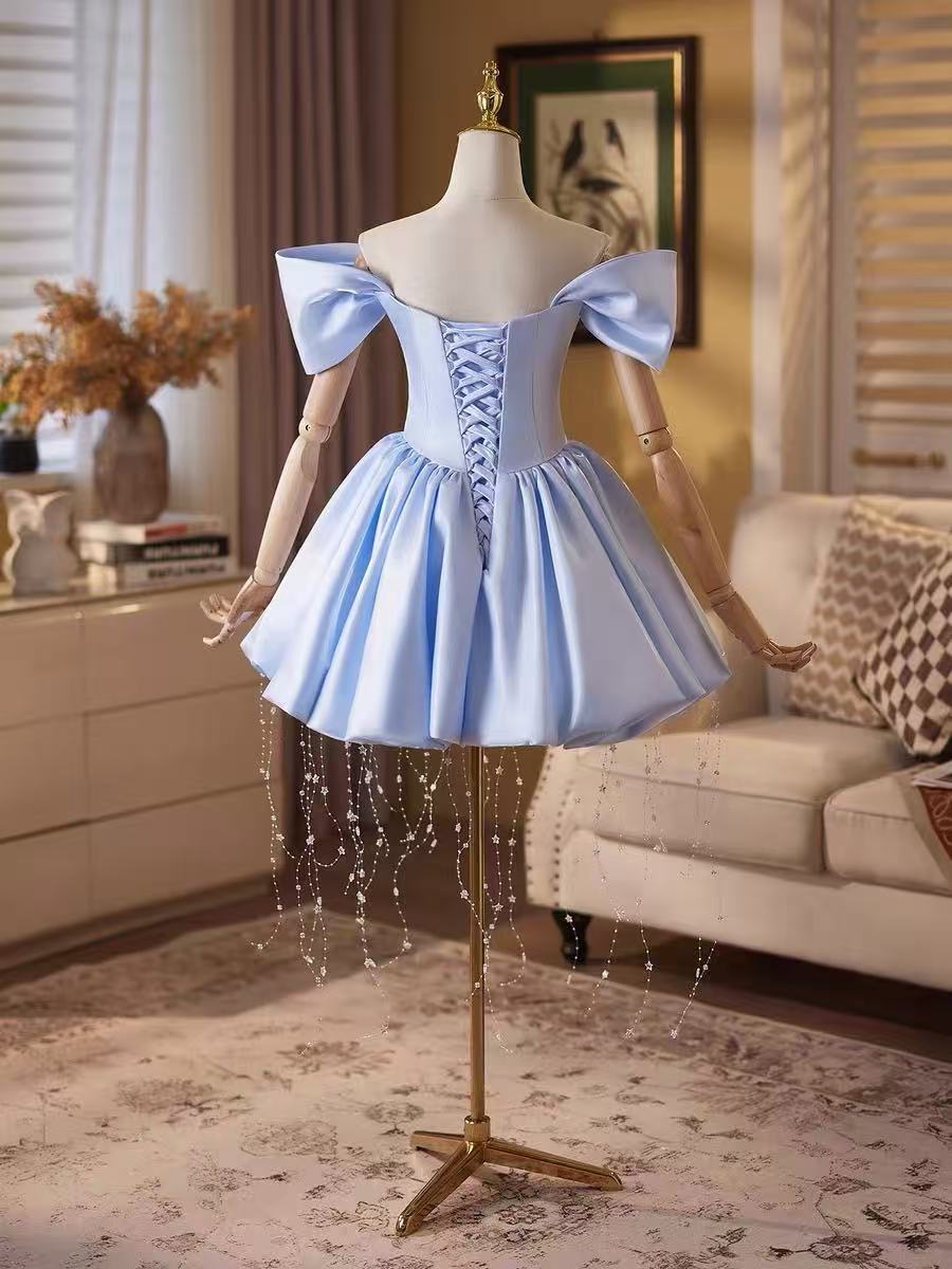 A-line Off Shoulder Satin Short Blue Prom Dress with Beads