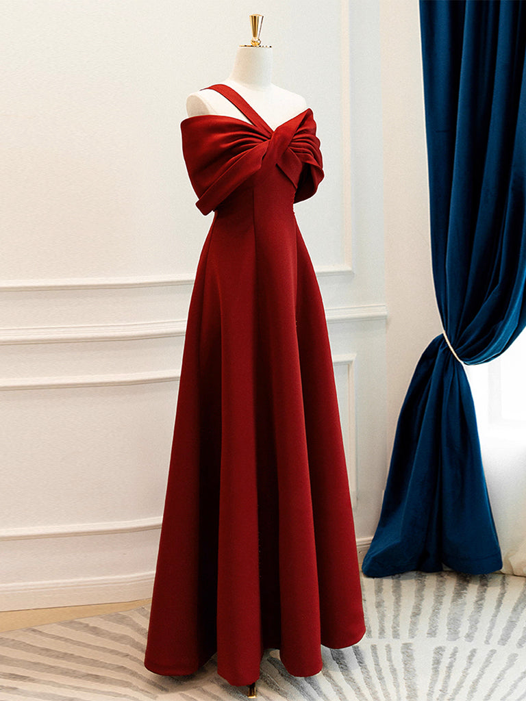 A-Line One Shoulder Satin Burgundy Long Prom Dress, Burgundy Long Formal Dress