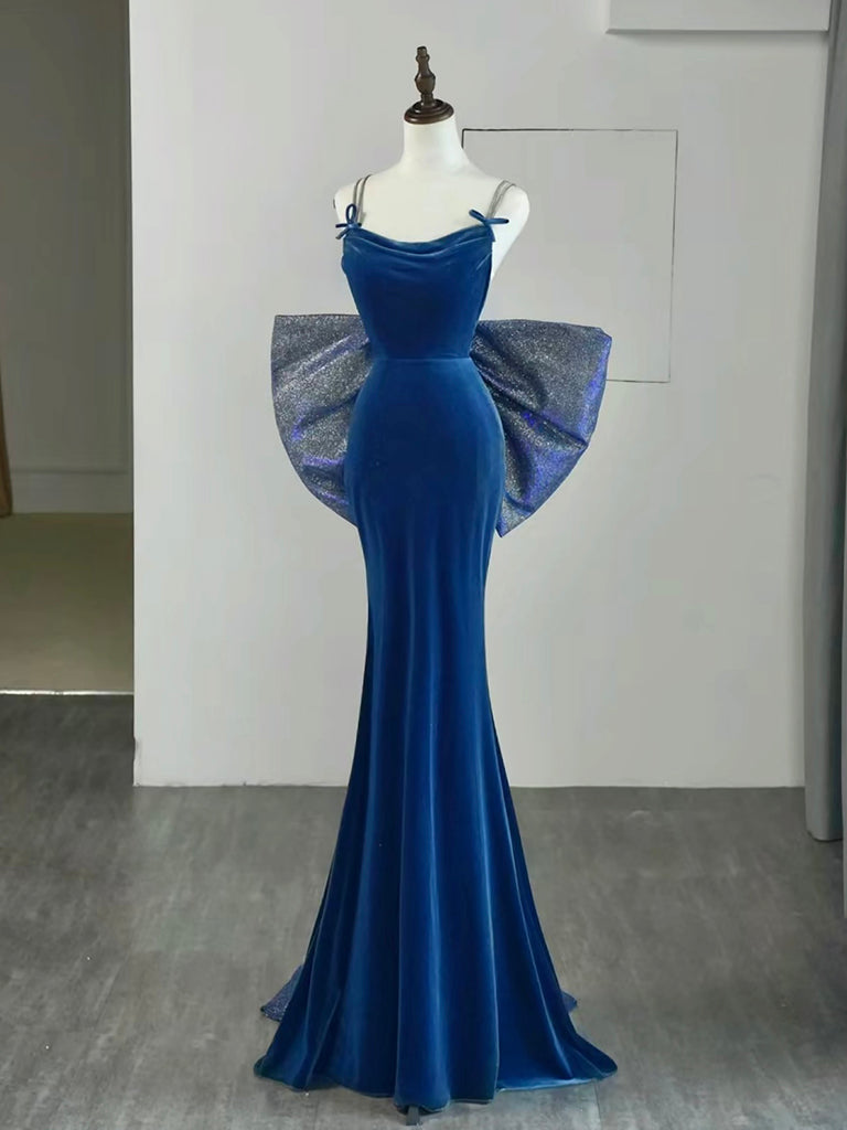 Simple Velvet Blue Mermaid Long Prom Dress, Backless Velvet Blue Evening Dress
