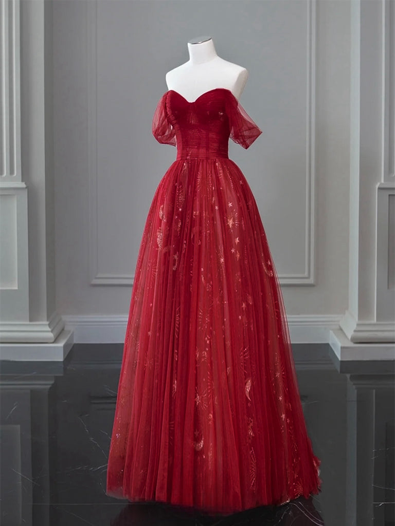 Burgundy Tulle Lace Long Prom Dress