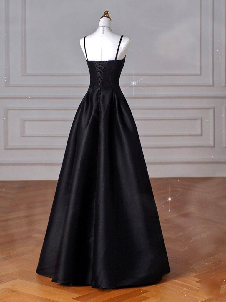 A-Line  Satin Black Long Prom Dress, Black Long Evening Dress