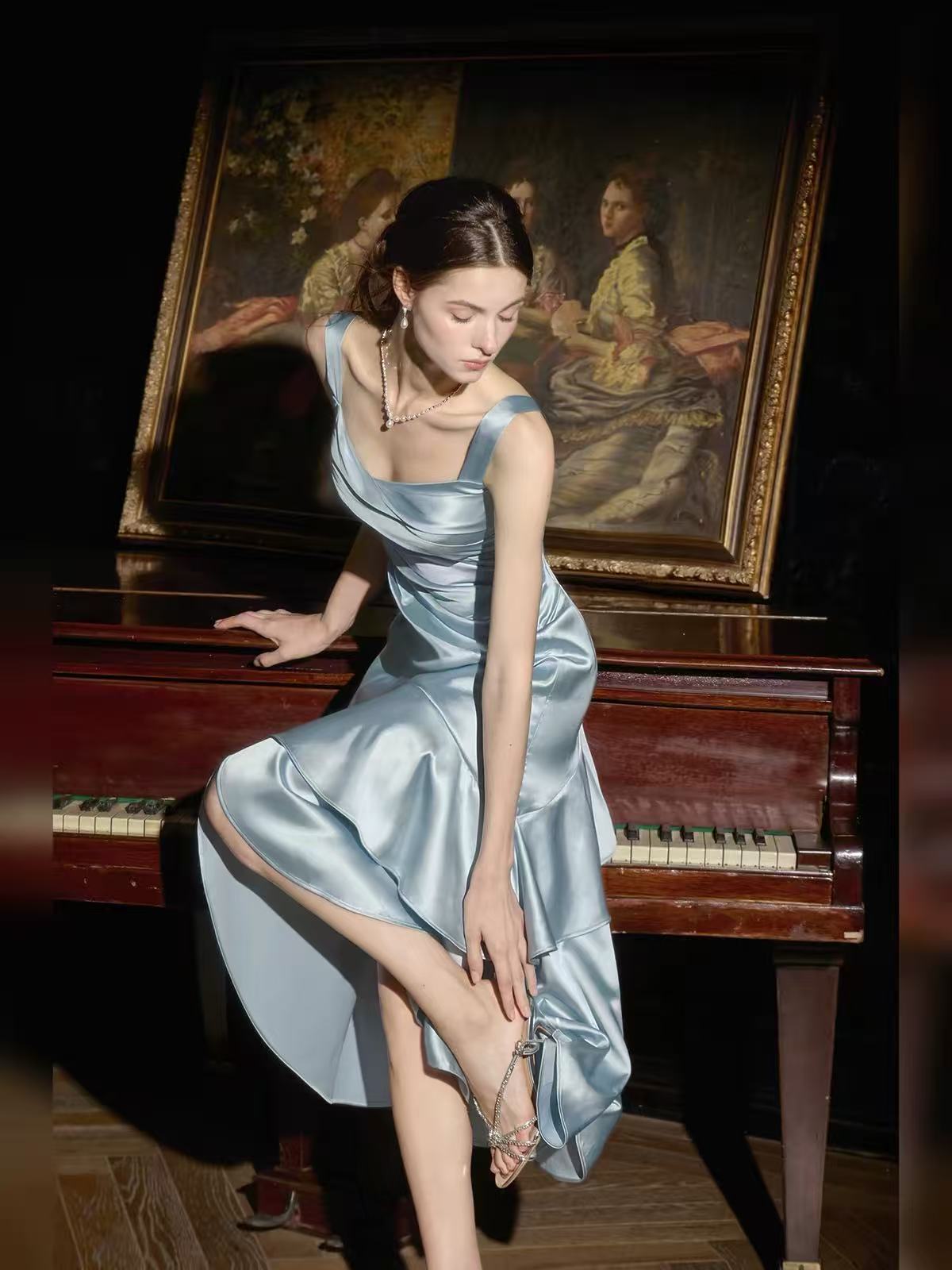 Elegant A-line Satin Tea Length Blue Prom Dress, Blue Formal Dress