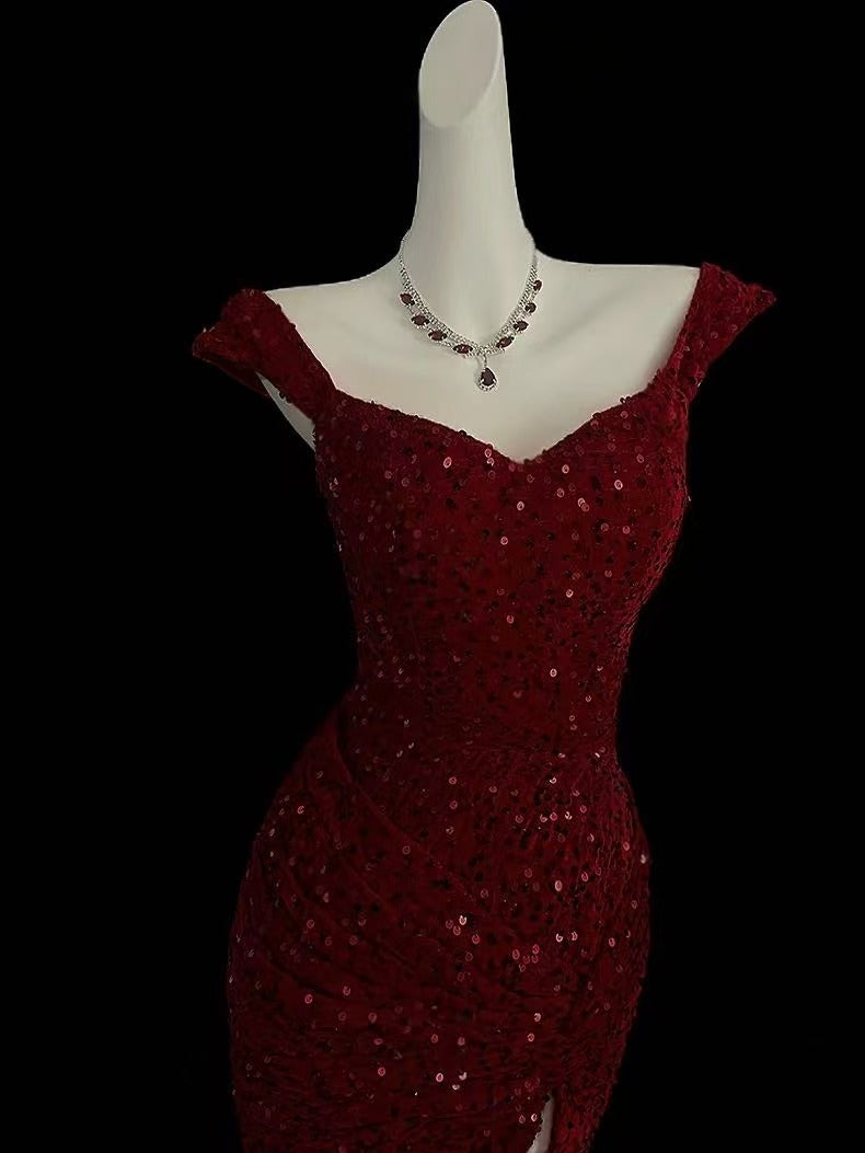 Mermaid Sweetheart Off Shoulder Velvet Sequin Burgundy Long Prom Dress