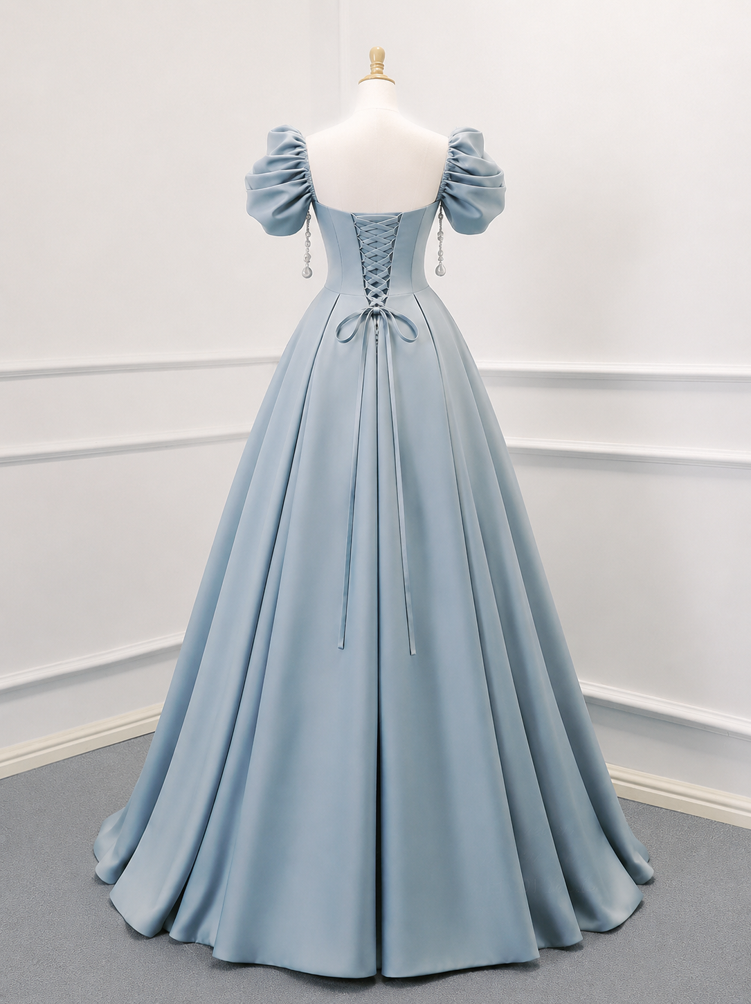 A-Line Puff Sleeves Satin Blue Long Prom Dress, Blue Long Formal Dress – shopluu