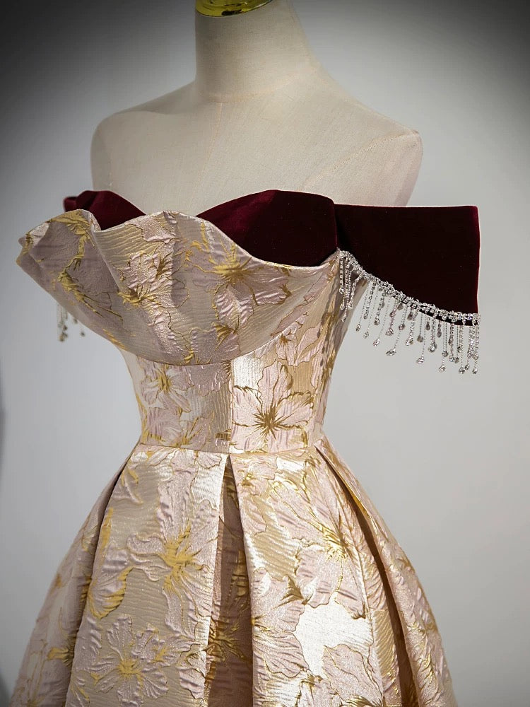 A-Line Off Shoulder Satin Champagne Long Prom Dress, Champagne Long Formal Dress