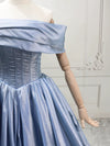 A-line Off Shoulder Satin Blue Long Prom Dress, Blue Long Formal Dress