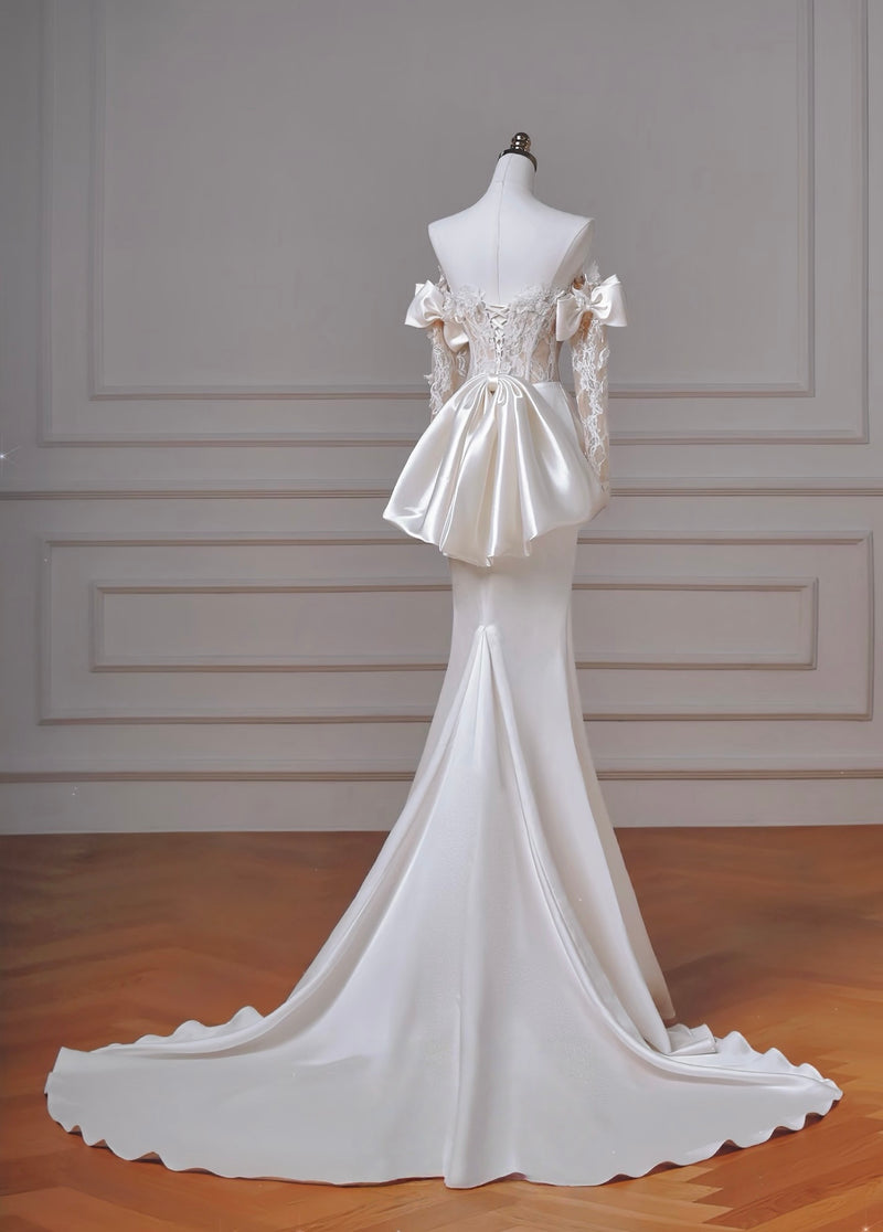 Mermaid Satin Lace ivory Long Formal Dress, ivory Evening Dress
