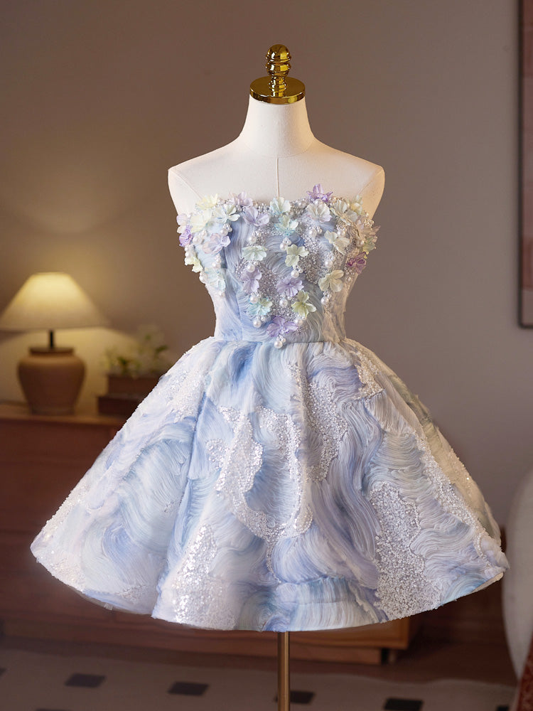 A-Line  Sweetheart Neck Flower Blue Short Prom Dress, Blue Homecoming Dress