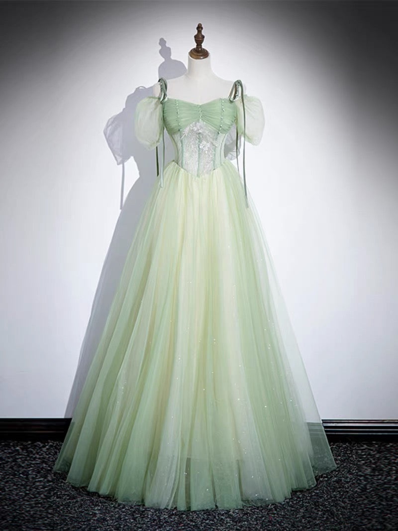 A-Line Tulle Lace Green Long Prom Dress, Green Long Evening Dress