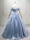 A-line Off Shoulder Satin Blue Long Prom Dress, Blue Long Formal Dress