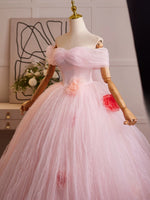 A-Line Off Shoulder Tulle Pink Long Prom Dress, Pink Tulle Long Sweet 16 Dress