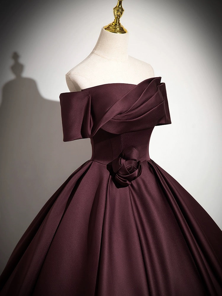A-Line Off the Shoulders Satin Maroon Long Prom Dress, Maroon Long For