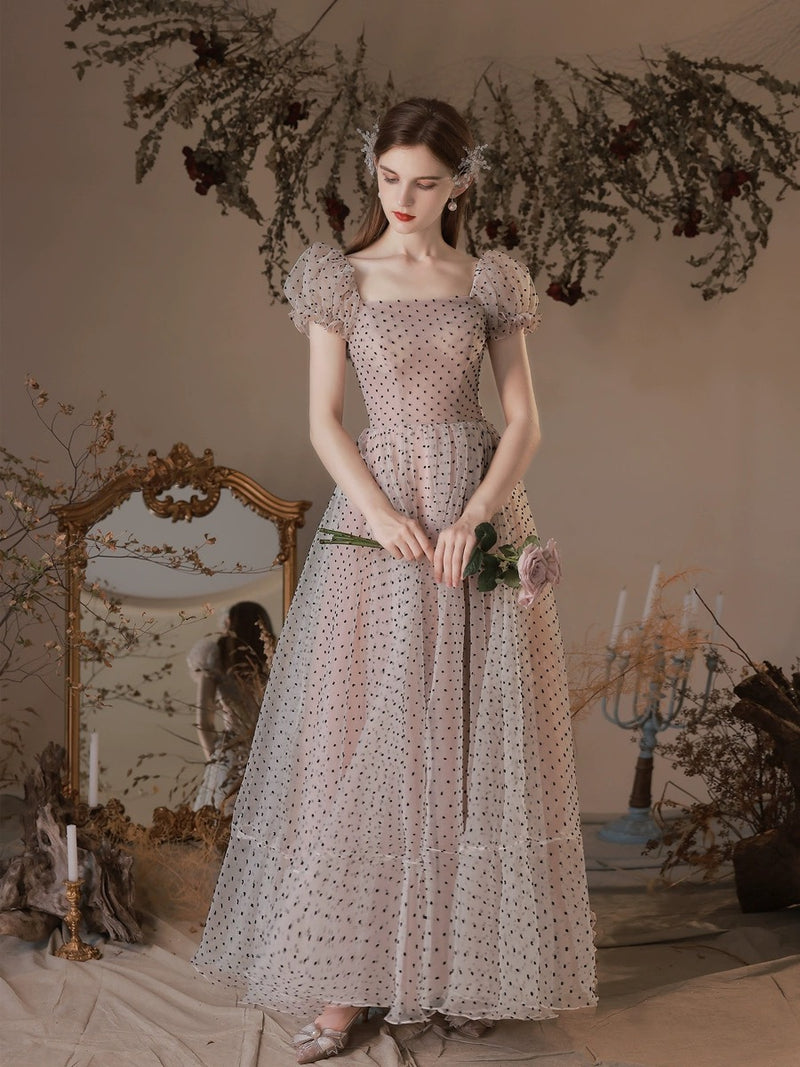 A-Line Short Sleeves Polka Dots Tulle Long Prom Dress With Bow shopluu A-Line Short Sleeves Polka Dots Tulle Long Prom Dress With Bow shopluu