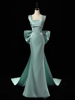 Simple hydra Satin Bow Tie Green Long Prom Dress, Green Long Formal Dress