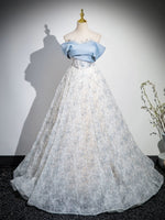 A-line Off Shoulder Tulle Lace Blue Long Prom Dress, Blue Long Formal Dress