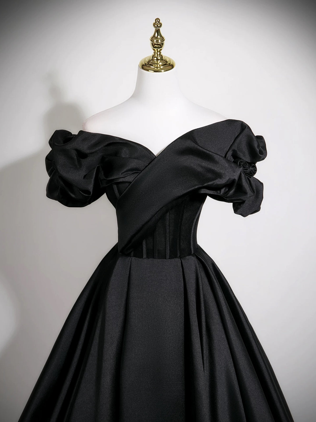 A-Line Off Shoulder Satin Black Long Prom Dress, Black Formal Dress