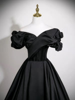 A-Line Off Shoulder Satin Black Long Prom Dress, Black Formal Dress