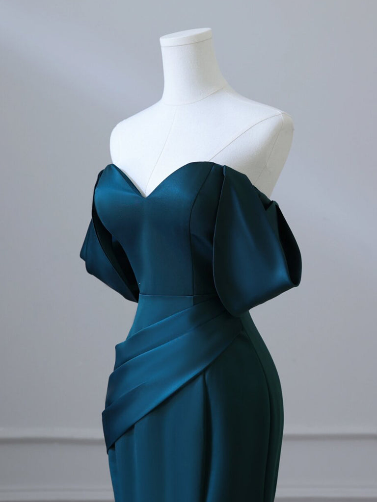 Simple Off Shoulder Satin Ink Blue Long Prom Dress, Ink Blue Long Formal Dress