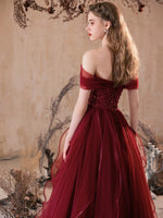 A-Line Off Shoulder Tulle Burgundy Long Prom Dress, Burgundy Long Evening Dress