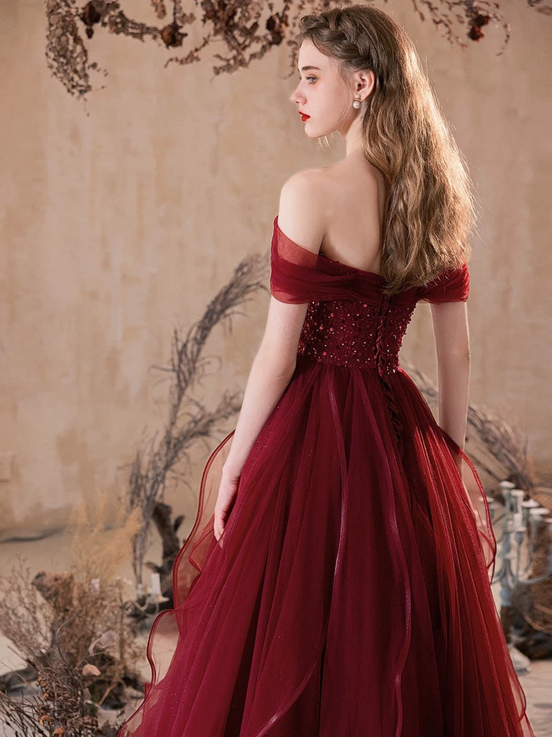 A-Line Off Shoulder Tulle Burgundy Long Prom Dress, Burgundy Long Evening Dress