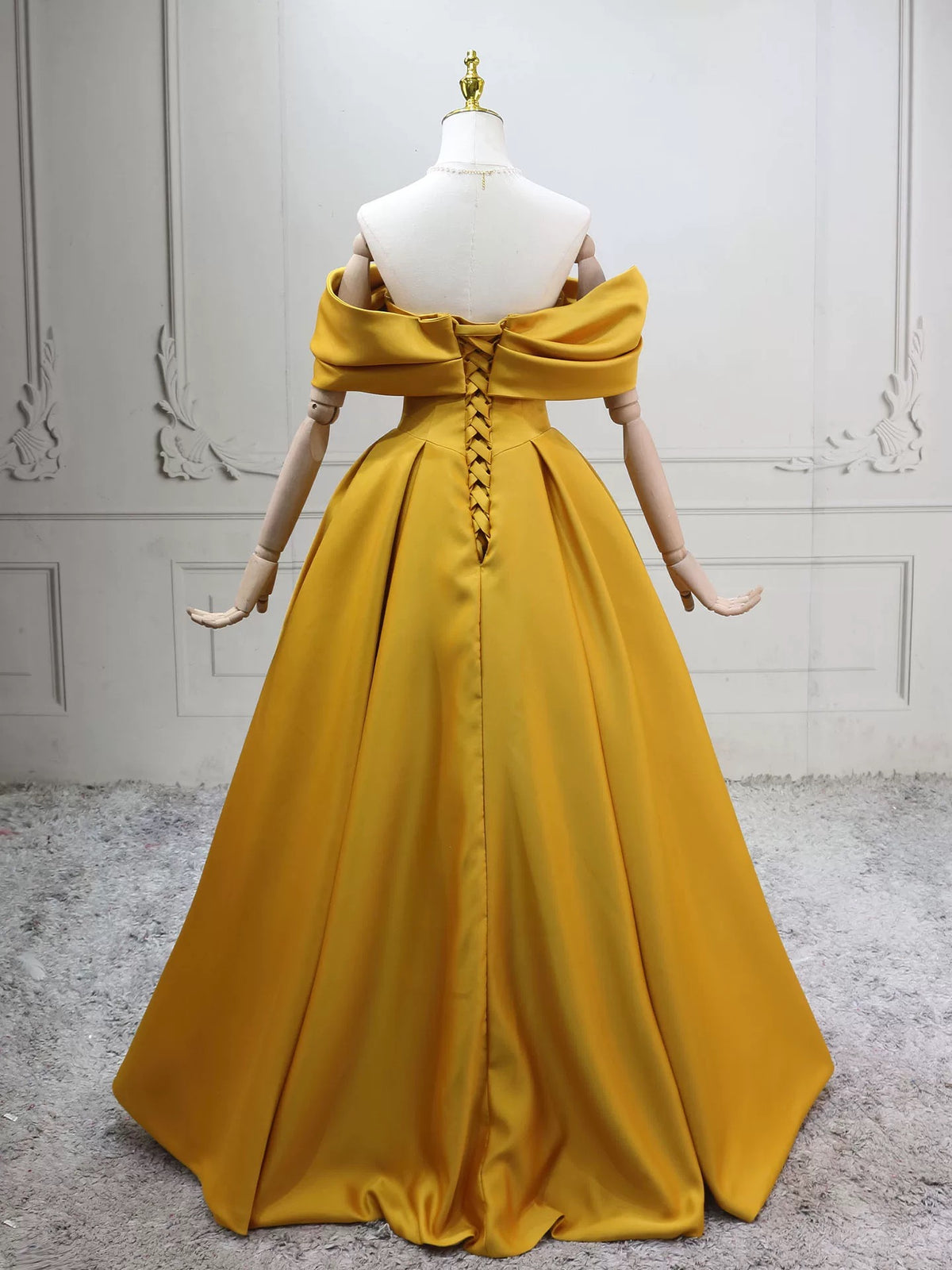 A-Line Off Shoulder Satin Yellow Long Prom Dress, Yellow Long Formal Dress
