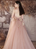 A-Line V Neck Tulle Flower Pink Long Prom Dress, Pink Long Evening Dress