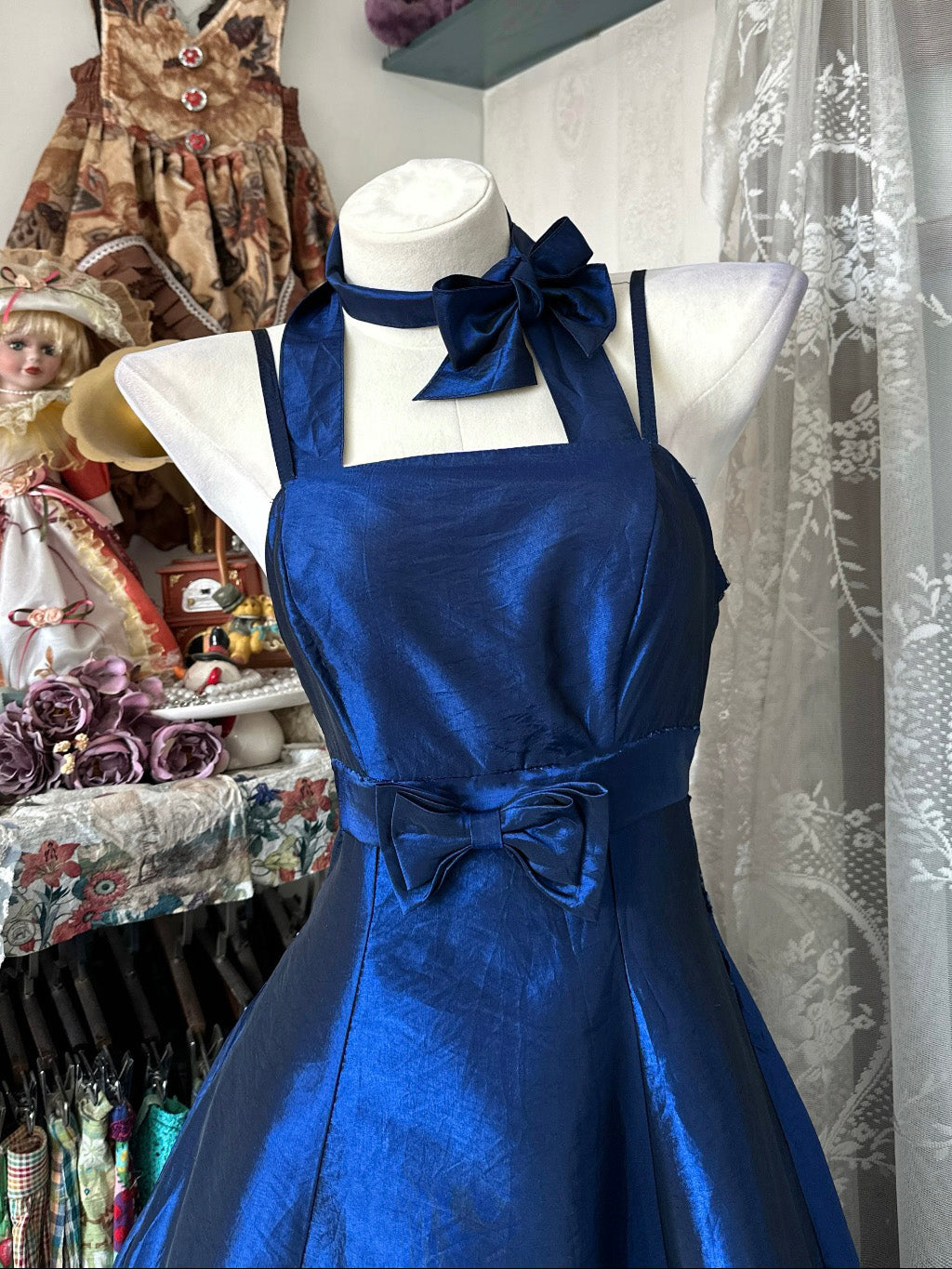 A-line Floor Length Satin Blue Long Prom Dress