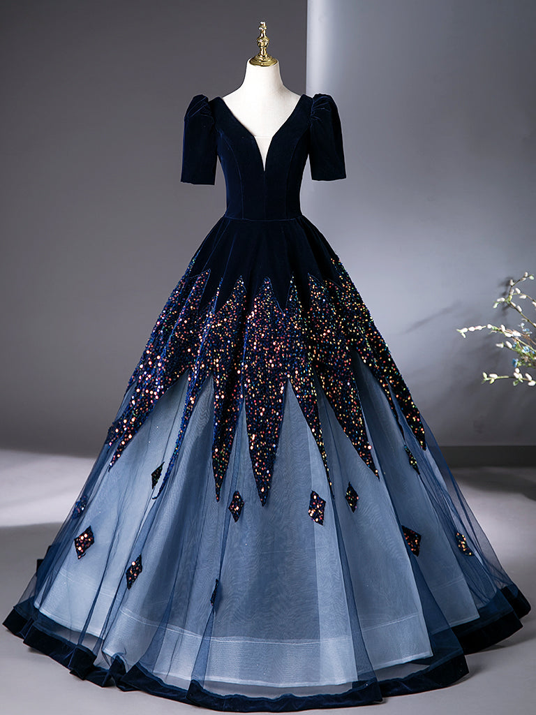 A-Line V Neck Velvet Tulle Dark Blue Long Prom Dress, Dark Blue Long E – shopluu