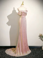 Simple Off Shoulder Sequin Mermaid Pink Prom Dress, Pink Long Formal Dress