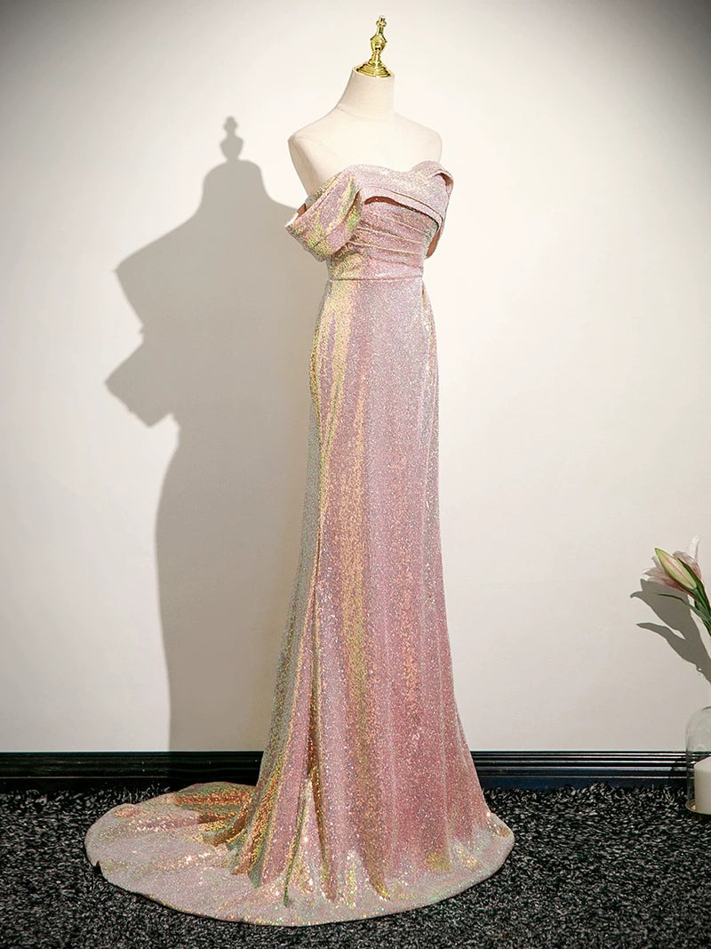 Simple Off Shoulder Sequin Mermaid Pink Prom Dress, Pink Long Formal Dress