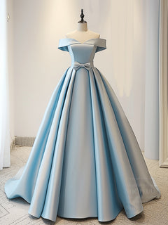 A-Line Off Shoulder Satin Blue Long Prom Dress, Blue Long Evening Dress