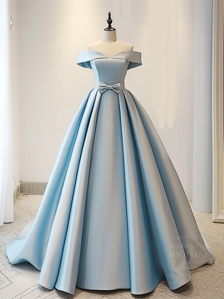 A-Line Off Shoulder Satin Blue Long Prom Dress, Blue Long Evening Dres – shopluu