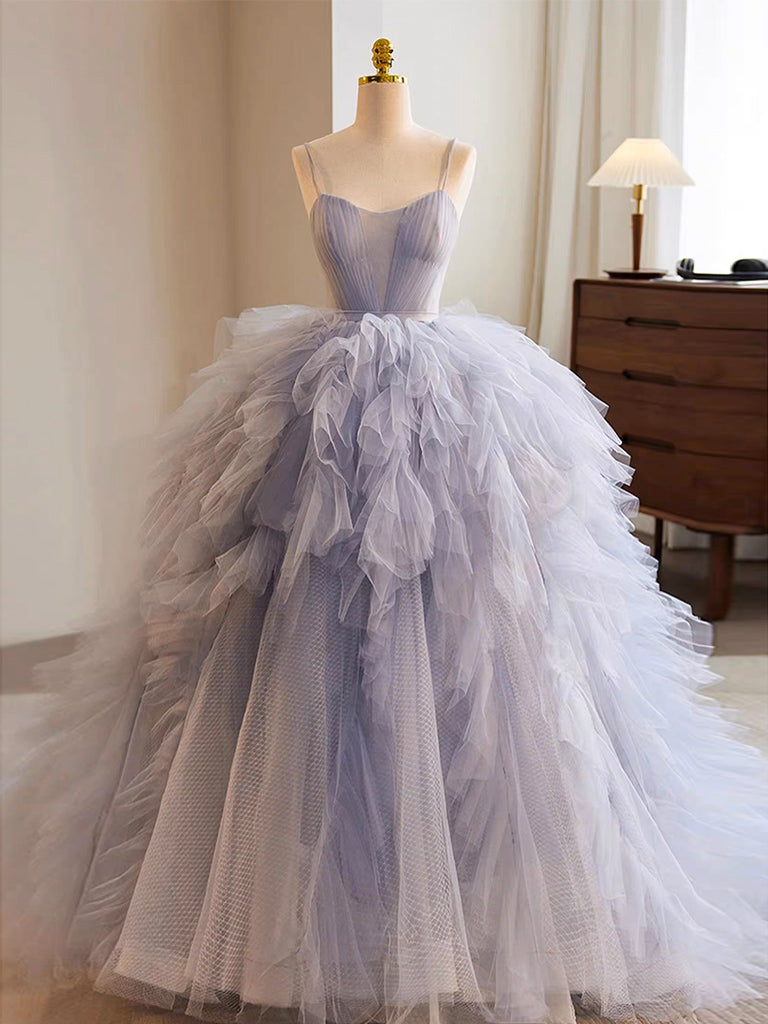 Blue Tulle Long Prom Gown, Blue Tulle Long Sweet 16 Dress
